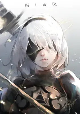 Digital art portrait of 2B from NieR:Automata, featuring her white hair and blindfold.