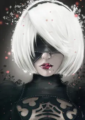 Digital art portrait of 2B from NieR:Automata with a blindfold and shattered glass effect.