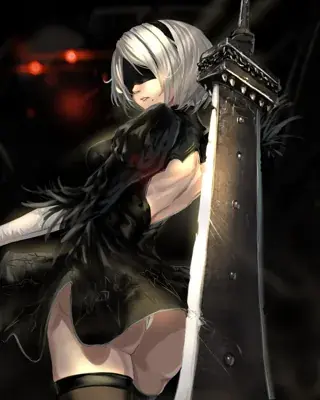 Digital art of 2B from NieR:Automata holding her sword, viewed from a low angle.