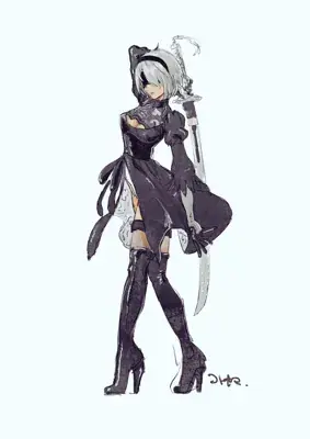 Illustration of 2B from NieR:Automata in her iconic black dress and boots.