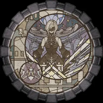 Stained-glass style artwork of 2B from NieR:Automata in a meditative pose with crossed swords.