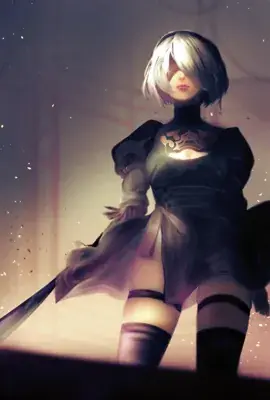 Digital art of 2B from NieR:Automata in her iconic outfit, looking down with a serious expression.