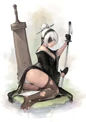 Digital art of 2B from NieR:Automata in a dynamic pose with her sword.