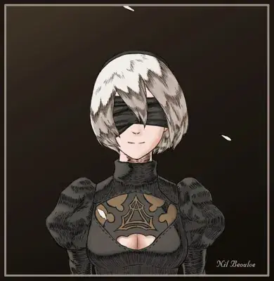 Illustration of 2B from NieR:Automata with a slight smile.