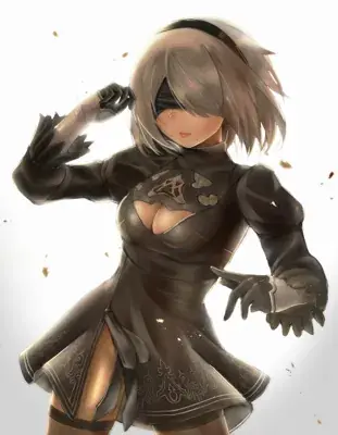 Digital art of 2B from NieR:Automata in her iconic black dress and blindfold.