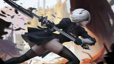 Digital art of 2B from NieR:Automata wielding a katana in a ruined city.