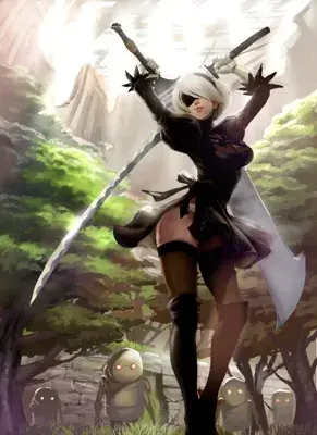Digital art of 2B from NieR:Automata in a victorious pose with swords raised, surrounded by machine lifeforms.
