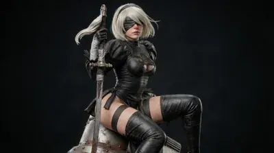 3D render of 2B from NieR:Automata, sitting with her sword.