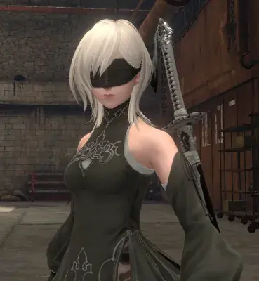 Close-up of 2B from NieR:Automata holding her sword.