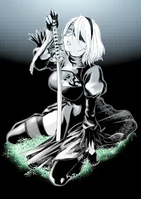 Illustration of 2B kneeling with her katana, blindfolded, in a dark and dramatic setting.
