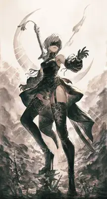 Illustration of 2B from NieR:Automata in her combat attire, wielding her sword and Pod.