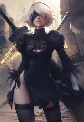 Digital art of 2B from NieR:Automata holding her swords in a ruined city.