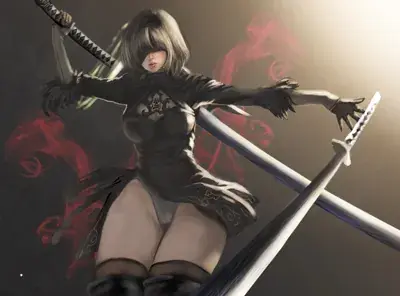 Digital art of 2B from NieR:Automata in a dynamic pose with her swords.