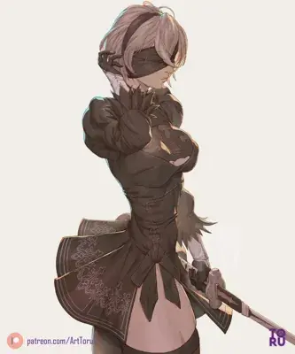 Digital art of 2B from NieR:Automata, standing with her back to the viewer and holding her sword.