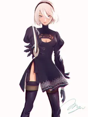 Illustration of 2B from NieR:Automata standing with her sword.