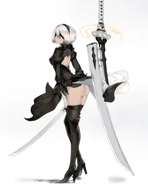 Illustration of 2B holding her sword.