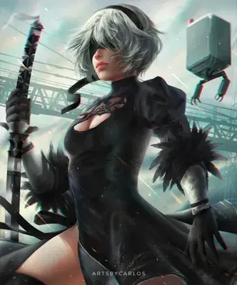 Digital art of 2B from NieR:Automata holding her sword.