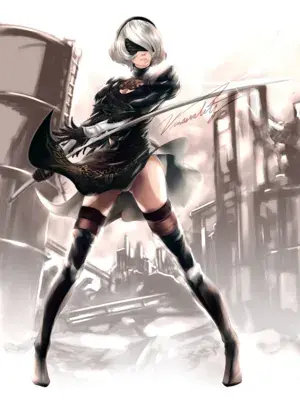 Digital art of 2B from NieR:Automata in her signature outfit, holding her sword.