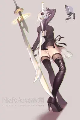 Digital art of 2B from NieR:Automata holding her sword.