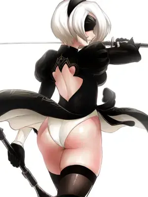Digital art of 2B from NieR:Automata holding her sword.