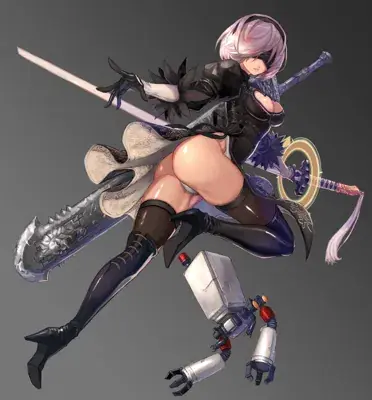 Illustration of 2B from NieR:Automata wielding her sword.