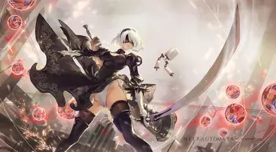 Illustration of 2B wielding her sword in a post-apocalyptic setting.