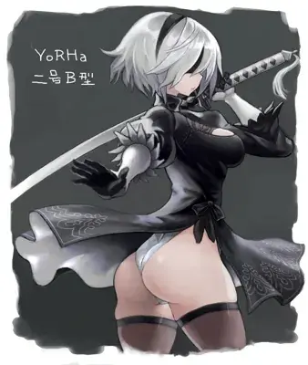 Illustration of 2B from NieR:Automata holding her sword.