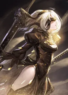 Digital art of 2B from NieR:Automata in her iconic black dress, holding her sword.