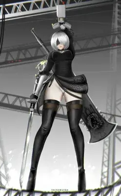 Digital art of 2B from NieR:Automata in a dynamic pose with her sword.