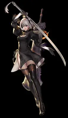 Illustration of 2B from NieR:Automata in her signature black dress and wielding her sword.