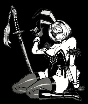 Illustration of 2B kneeling with her sword and Pod.