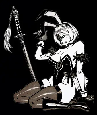 Illustration of 2B from NieR:Automata kneeling with her sword and Pod.