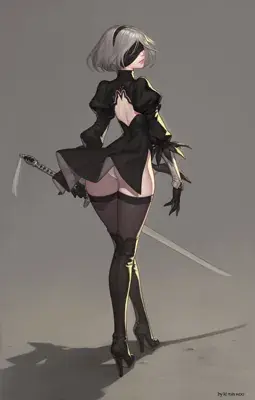 Illustration of 2B from NieR:Automata in her iconic black dress and boots.