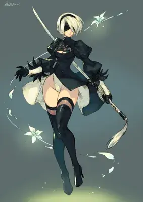 Illustration of 2B from NieR:Automata in a dynamic action pose.