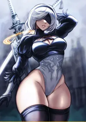 Digital art of 2B from NieR:Automata in a dynamic pose with her sword.