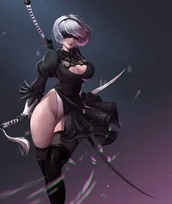 Digital art of 2B from NieR:Automata wielding her sword.
