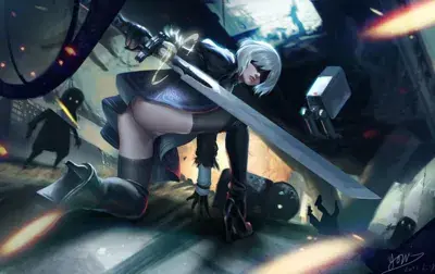 Digital art of 2B from NieR:Automata kneeling with her sword in a ruined city.