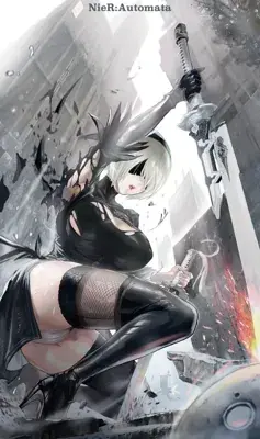 Digital art of 2B from NieR:Automata wielding her sword in a ruined cityscape.