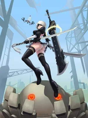 Illustration of 2B from NieR:Automata leaping with her sword above a machine enemy.