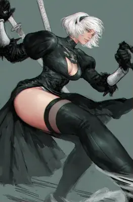 Digital art of 2B from NieR:Automata in a dynamic pose with her sword.