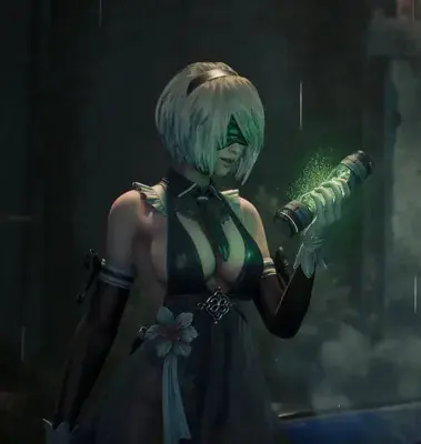 2B from NieR:Automata holding a glowing weapon.