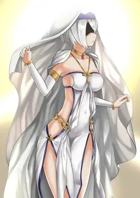 Digital art of 2B from NieR:Automata in a white dress.