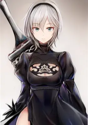 Digital art of 2B from NieR:Automata, a silver-haired android in her black combat dress.