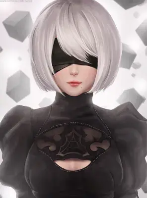 Digital portrait of 2B from NieR:Automata with her signature blindfold and black dress.