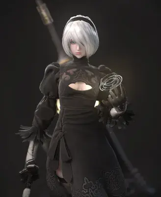 3D render of 2B from NieR:Automata, holding a glowing energy effect.
