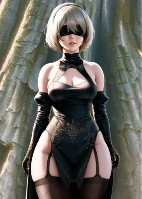 Digital art of 2B from NieR:Automata in her signature black dress and blindfold.