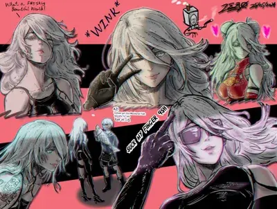 Digital illustration of 2B and A2 from NieR:Automata in dynamic poses with suggestive text bubbles.