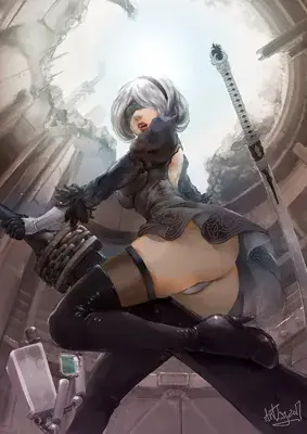 A dynamic digital painting of 2B from NieR: Automata in a low-angle pose wearing her signature black dress and blindfold amidst industrial ruins.