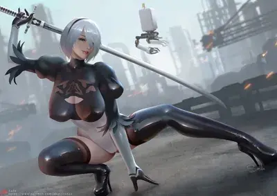 Digital art of 2B in a glossy black leotard, wielding a sword in a crouched, low-angle action pose against a moody, ruined cityscape. A Pod unit floats beside her.