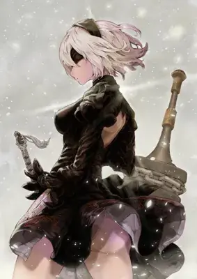 Digital illustration of 2B from NieR: Automata standing in a snowy landscape, wearing her trademark black dress and blindfold.